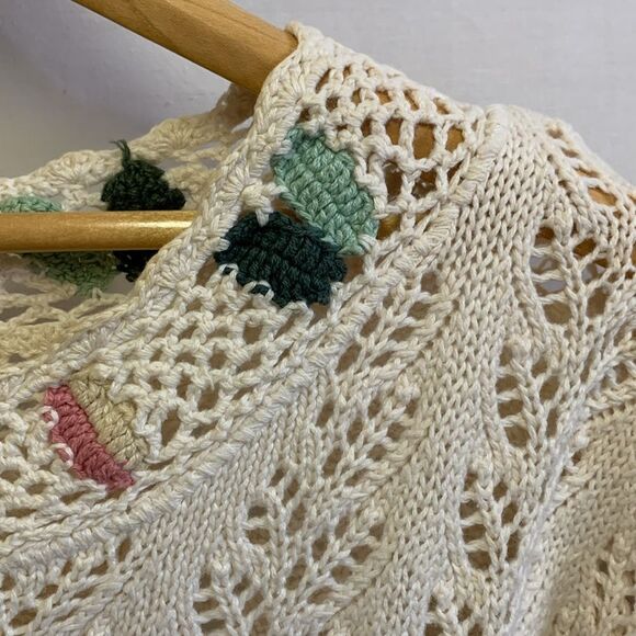 Vintage 80s Gina Peters Ivory Open Leaf Crochet Short Sleeve Tunic Sweater Sz L - Picture 2 of 12